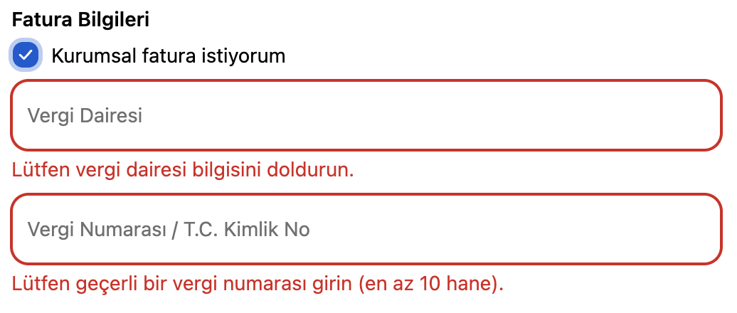 Shopify Bireysel ve Kurumsal Fatura Alanları